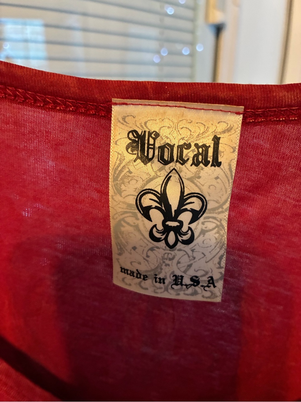 Vocal Wine Red V-Neck Shirt with Rhinestone Wing & Cross Design - Picture 3 of 3